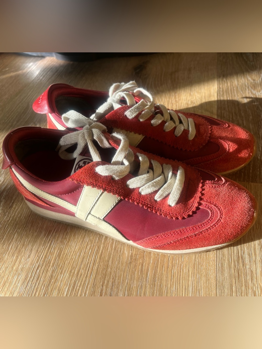 Tory Burch Red Suede Sneakers with Cream Laces